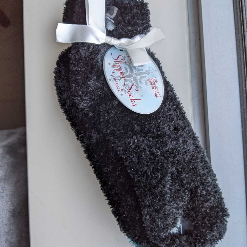 2 Pair Pack Black and Teal Slipper Socks, Women's Shoe Size 4-10